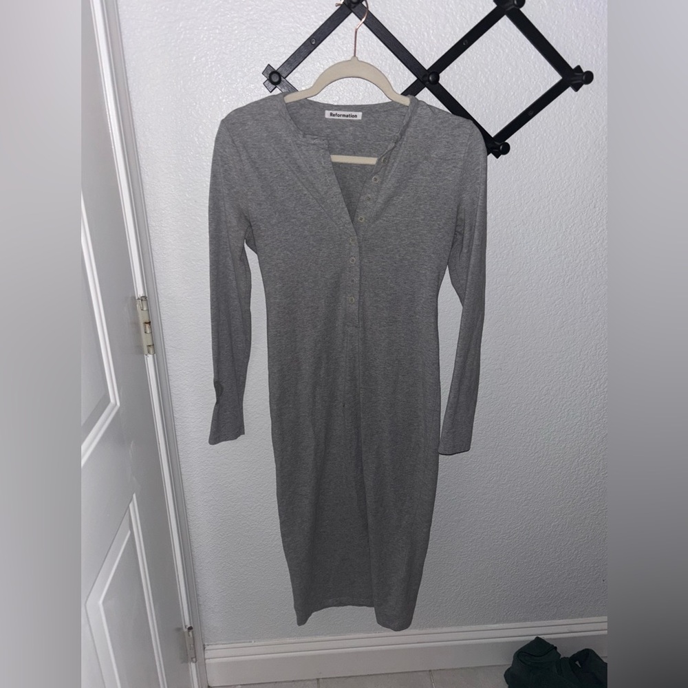 Reformation Jeans Stein Dress Heather Grey Midi Long Sleeve Size Medium - Picture 4 of 6